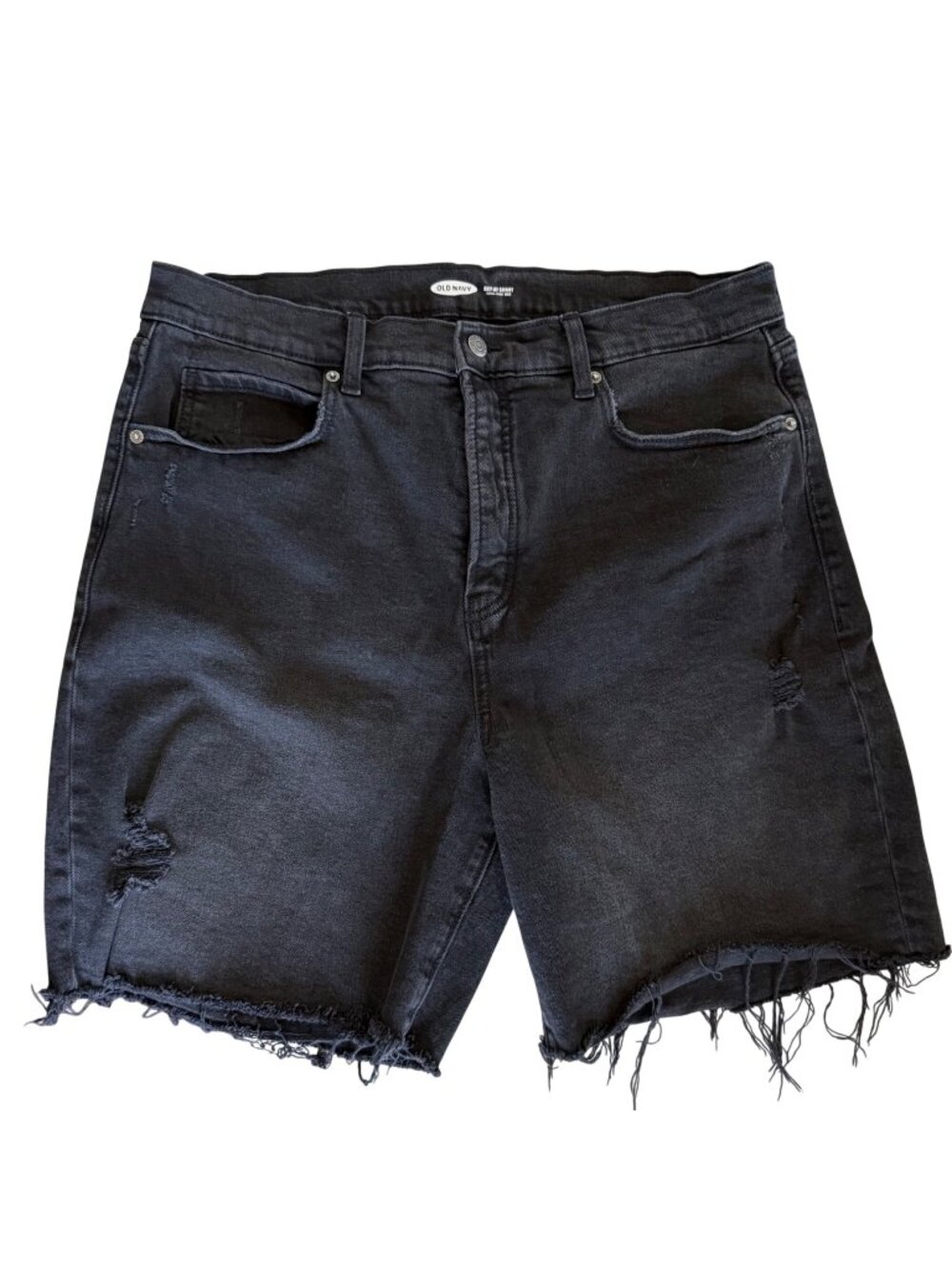 Old Navy Sky-Hi Black Distressed Denim Shorts 16 Button Fly 7.5” Grunge Frayed